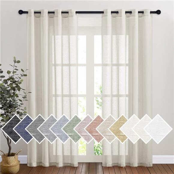 Semi Sheer Linen Curtains for Bedroom 84 inches Long, Grommet Privacy Vertical - Picture 1 of 7